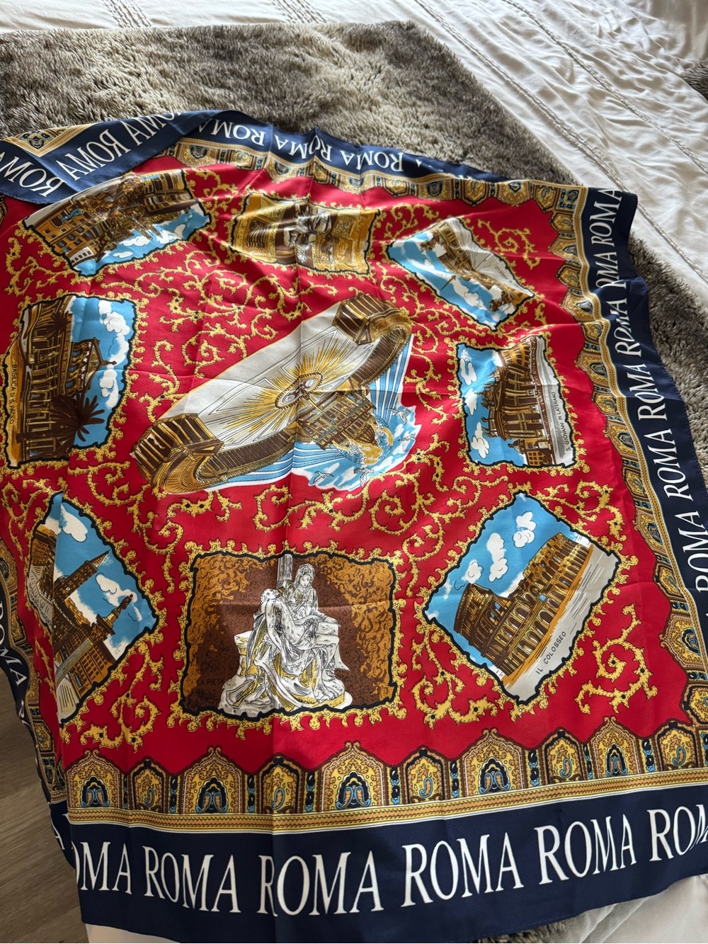 Roma Red Scenic Silk-Feel Throw with Navy Border